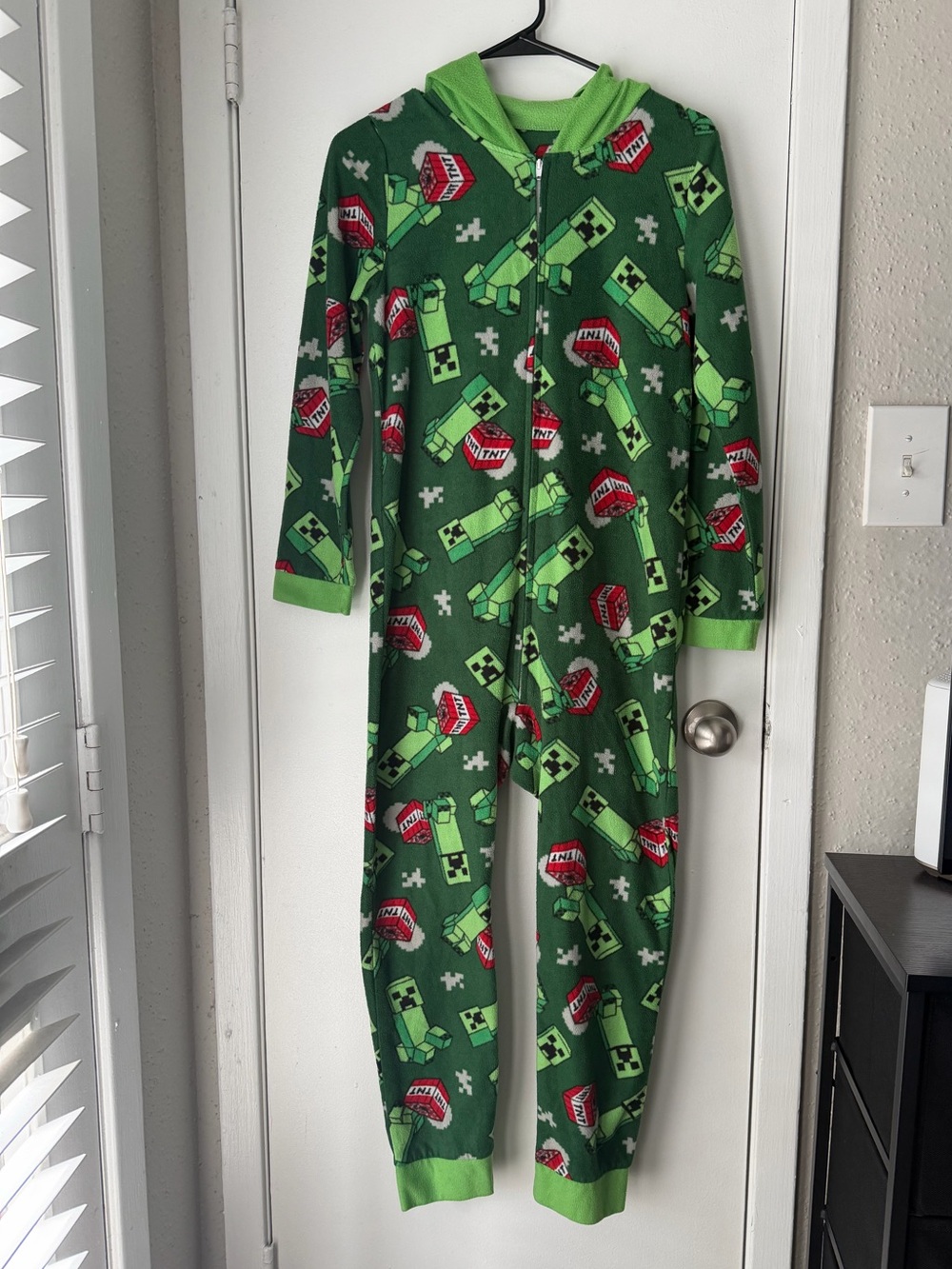 Green Creeper-Print Kids One-Piece Bodysuit with Hood